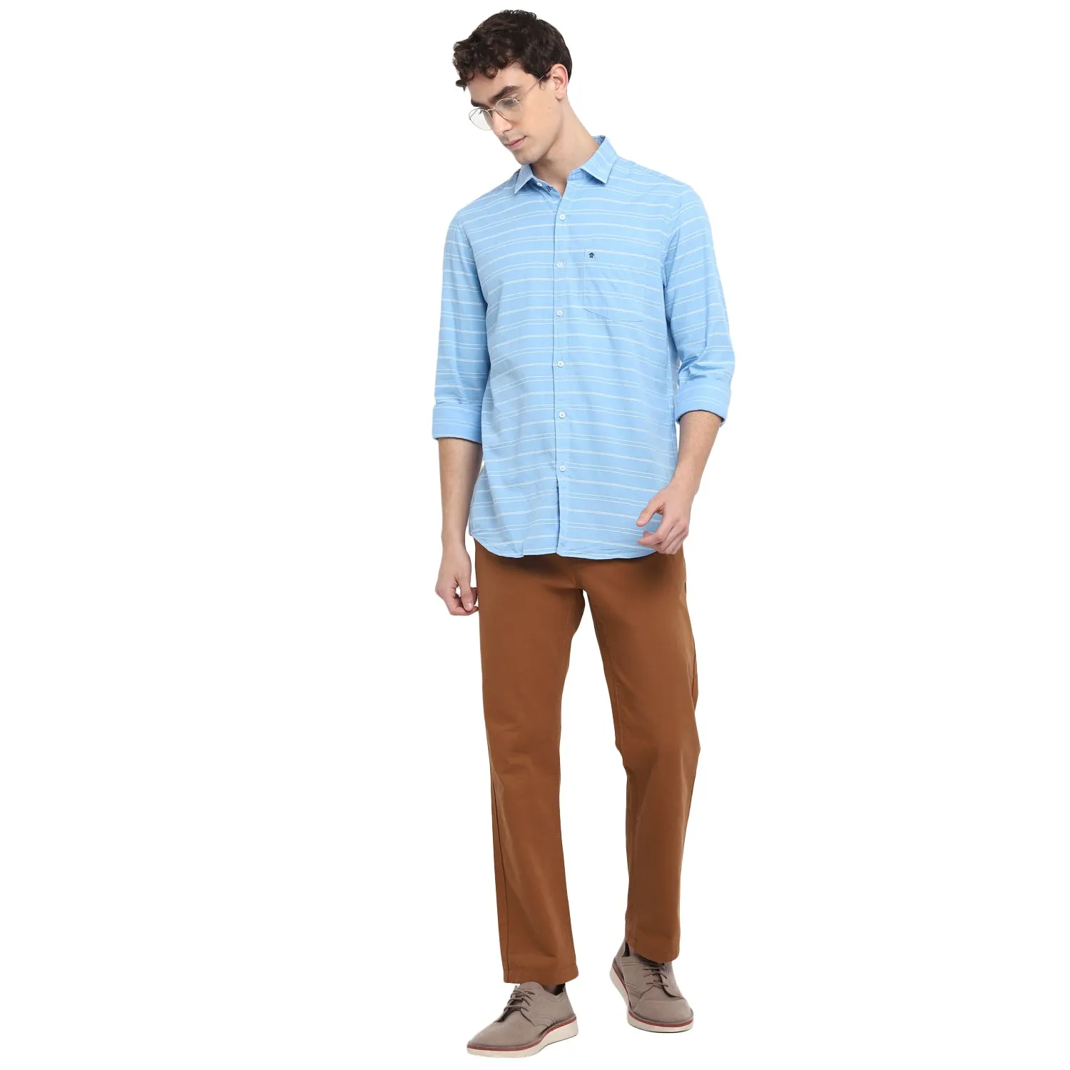 Turtle Men Light Blue Cotton Striped Slim Fit Shirts