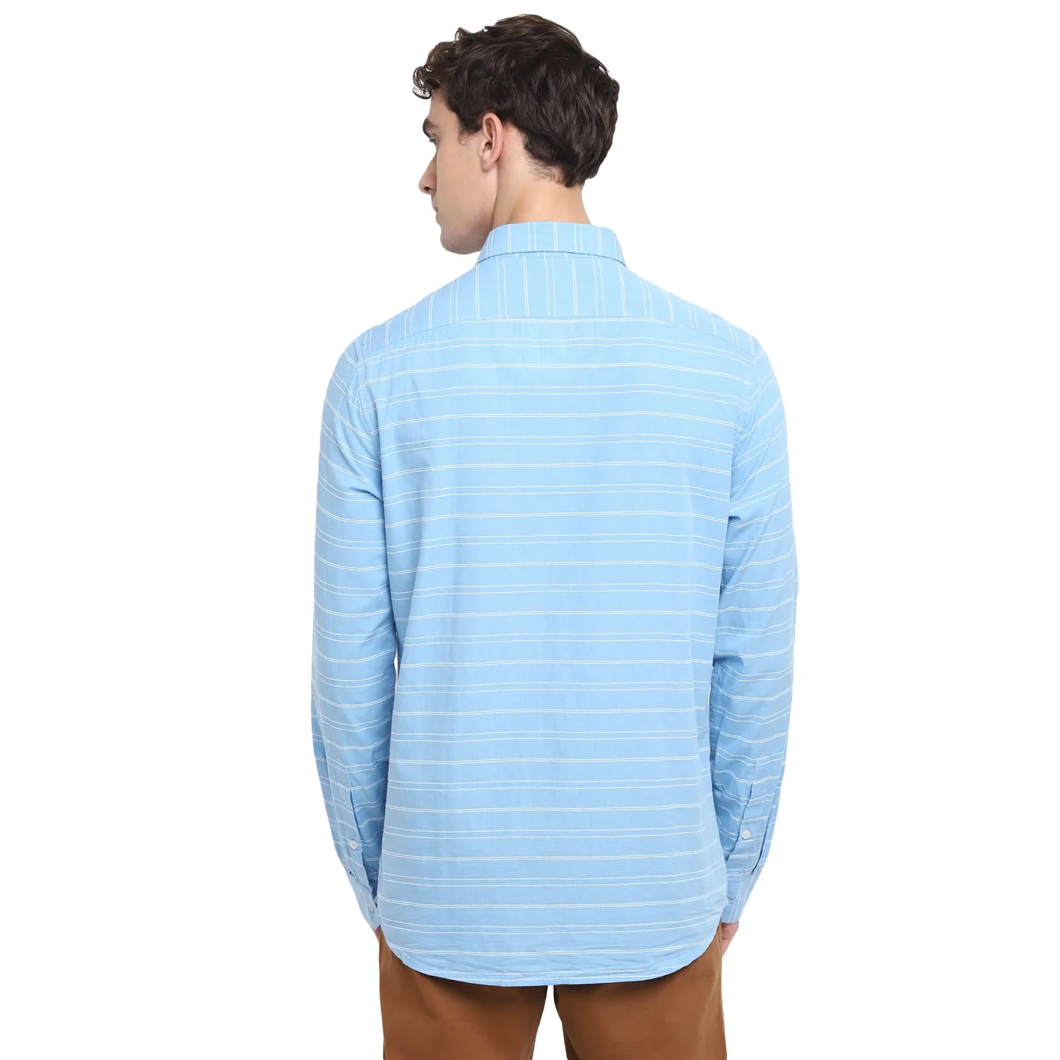 Turtle Men Light Blue Cotton Striped Slim Fit Shirts