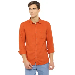 Turtle Men Orange Blended Cotton Solid Slim Fit Shirts