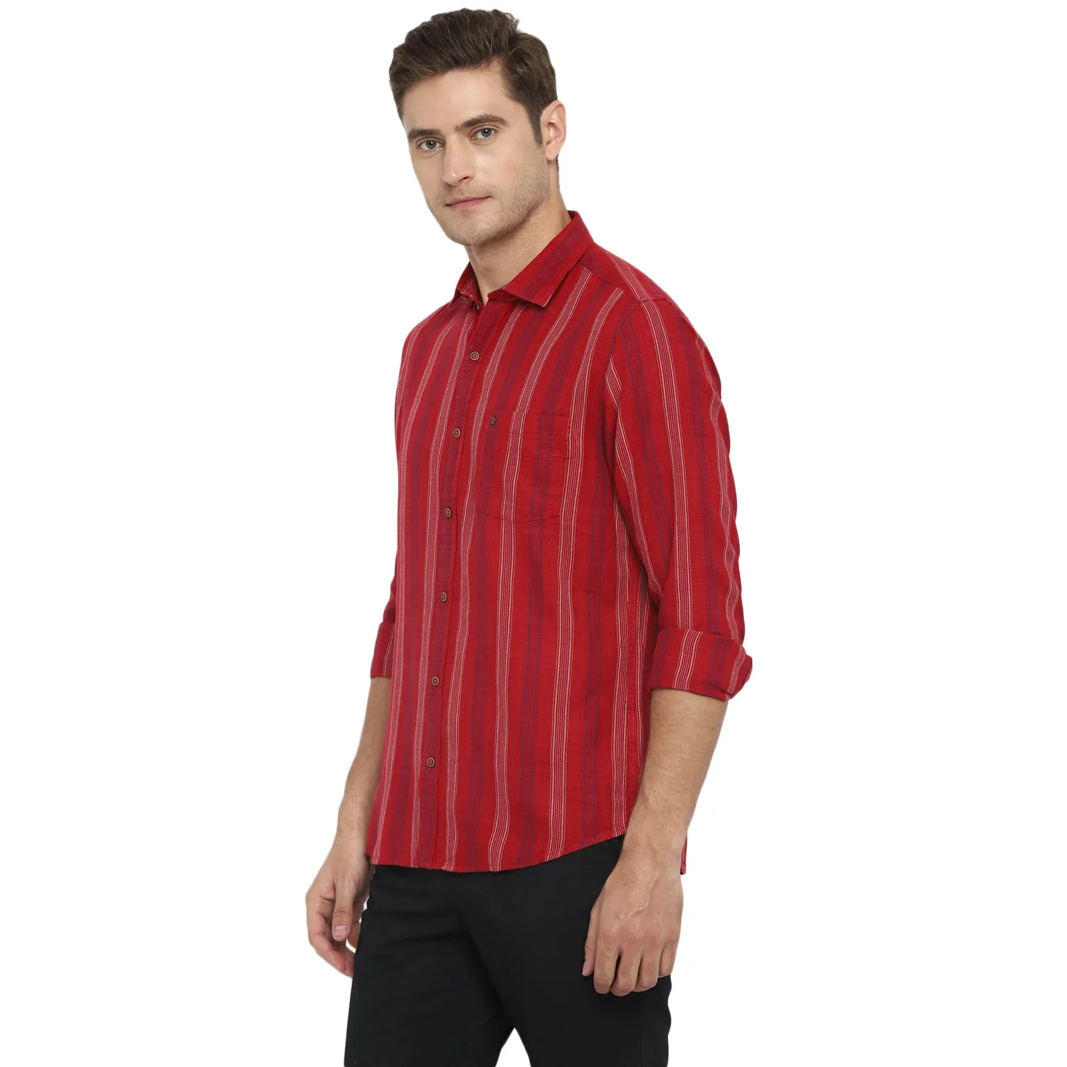 Turtle Men Red Cotton Striped Slim Fit Shirts