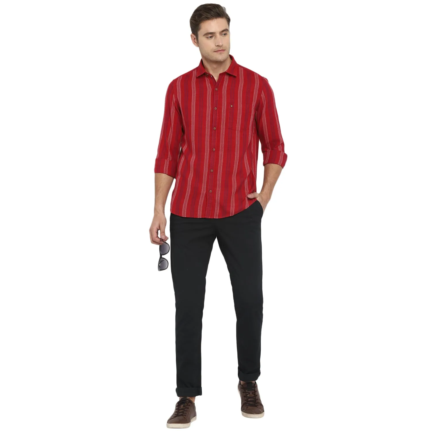 Turtle Men Red Cotton Striped Slim Fit Shirts