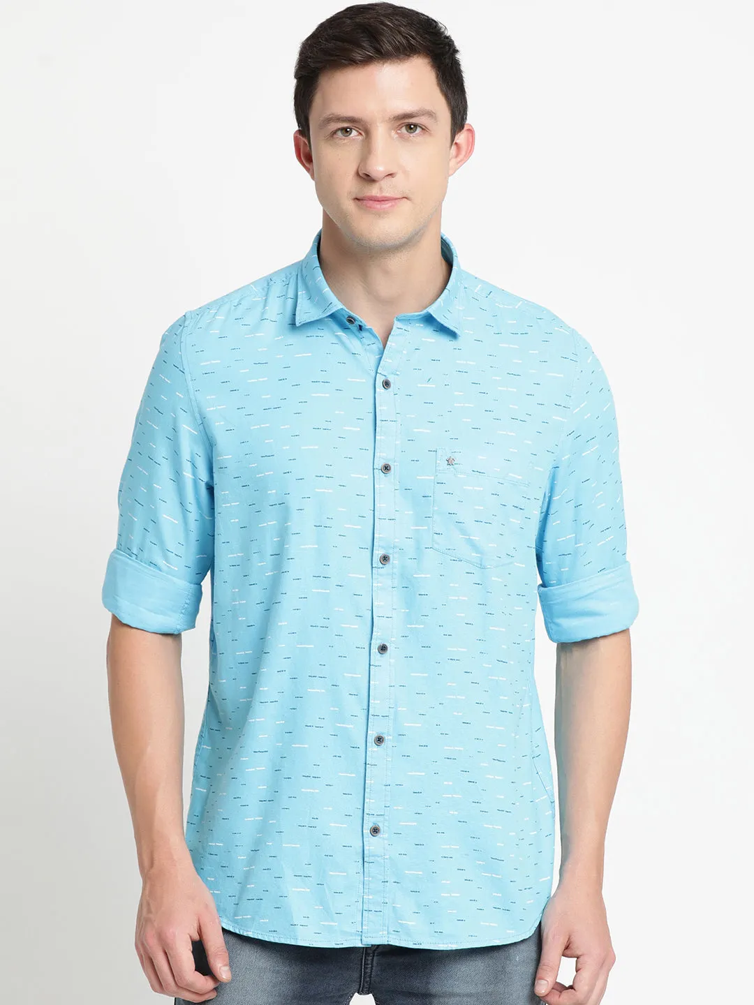 Turtle Men Sky Blue Cotton Printed Slim Fit Casual Shirts