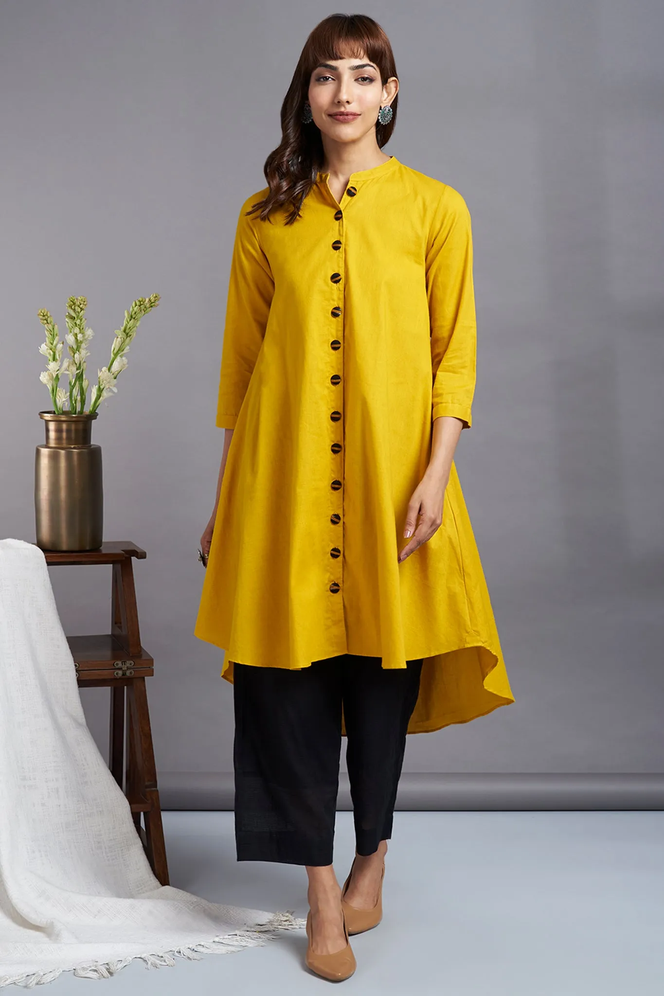 tuscany yellow - linen asymmetrical hemline button down tunic