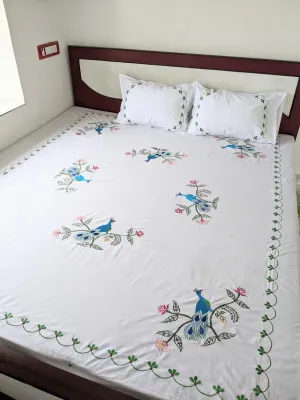 Tutli Putli King Size Embroidery Bedsheet Peacock with Two Pillow Covers (White 2)