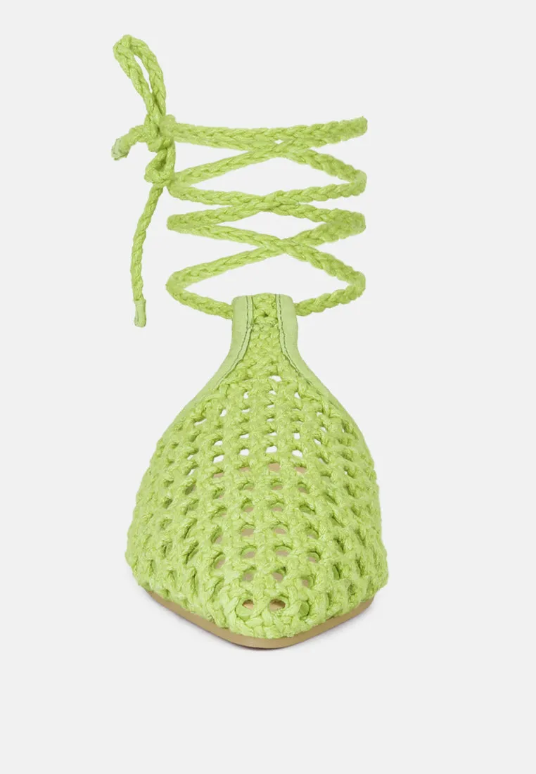 TUTSI Green Handwoven Honeycomb Tie Up Flat Mules