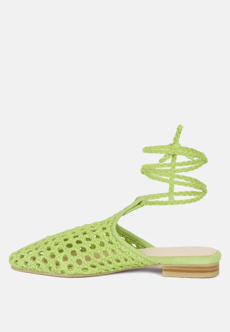 TUTSI Green Handwoven Honeycomb Tie Up Flat Mules