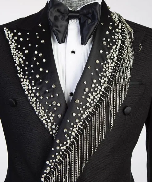 Tuxedo Black with Silver Stoned Shawl Style