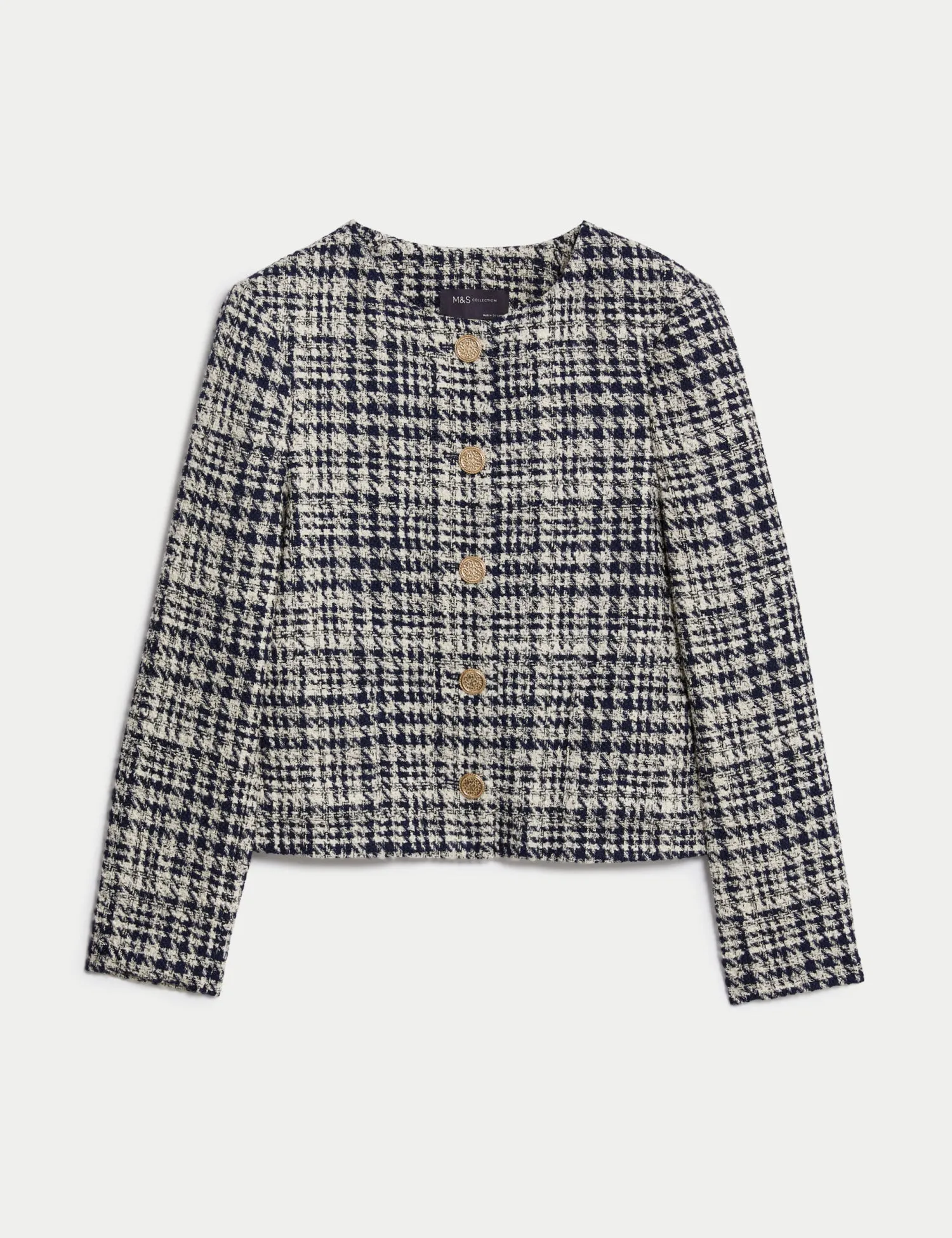 Tweed Checked Collarless Short Jacket