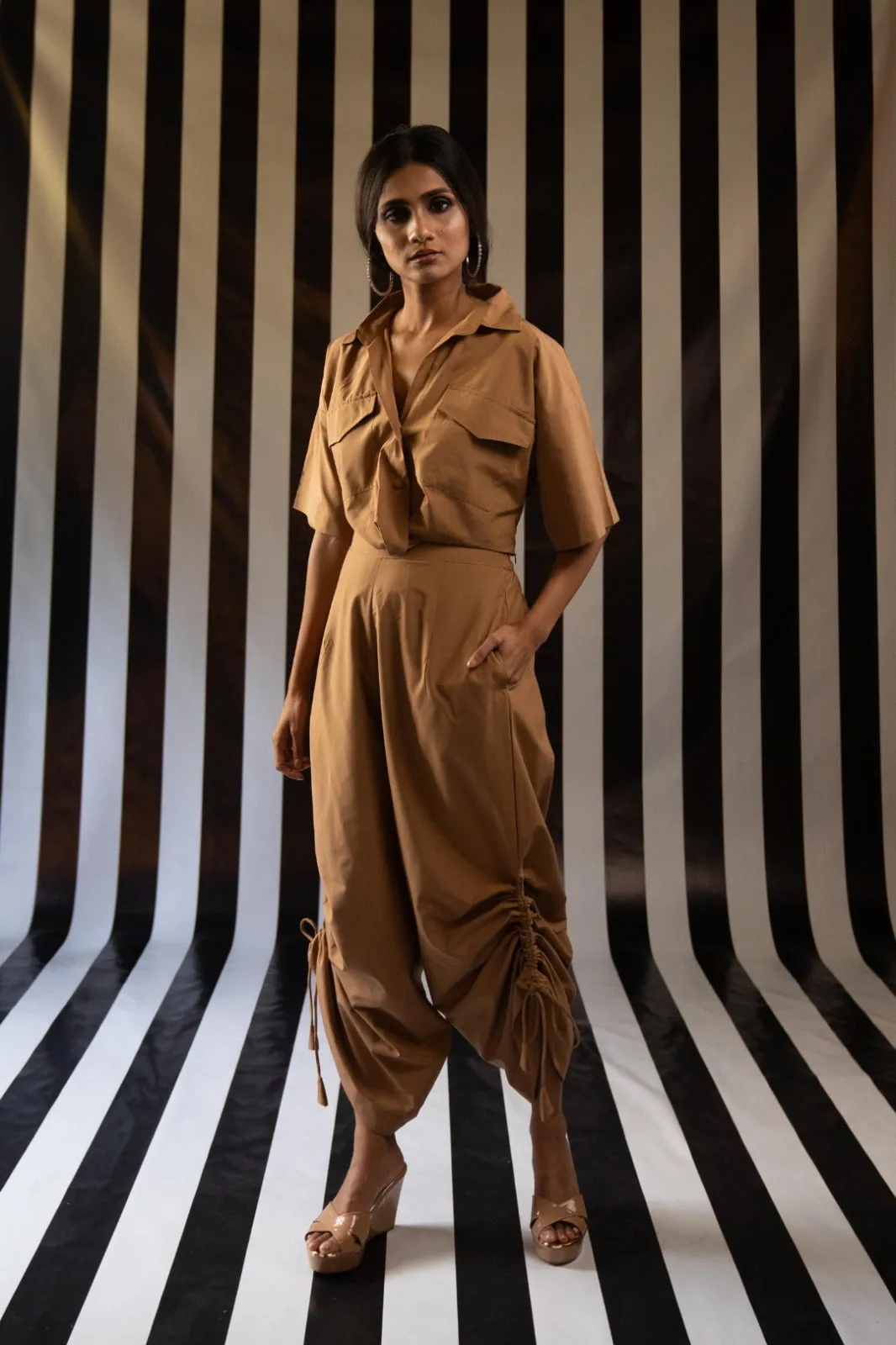 Twist Shirt   Ruched Pant in Tan Cotton - A Versatile Wardrobe Essential