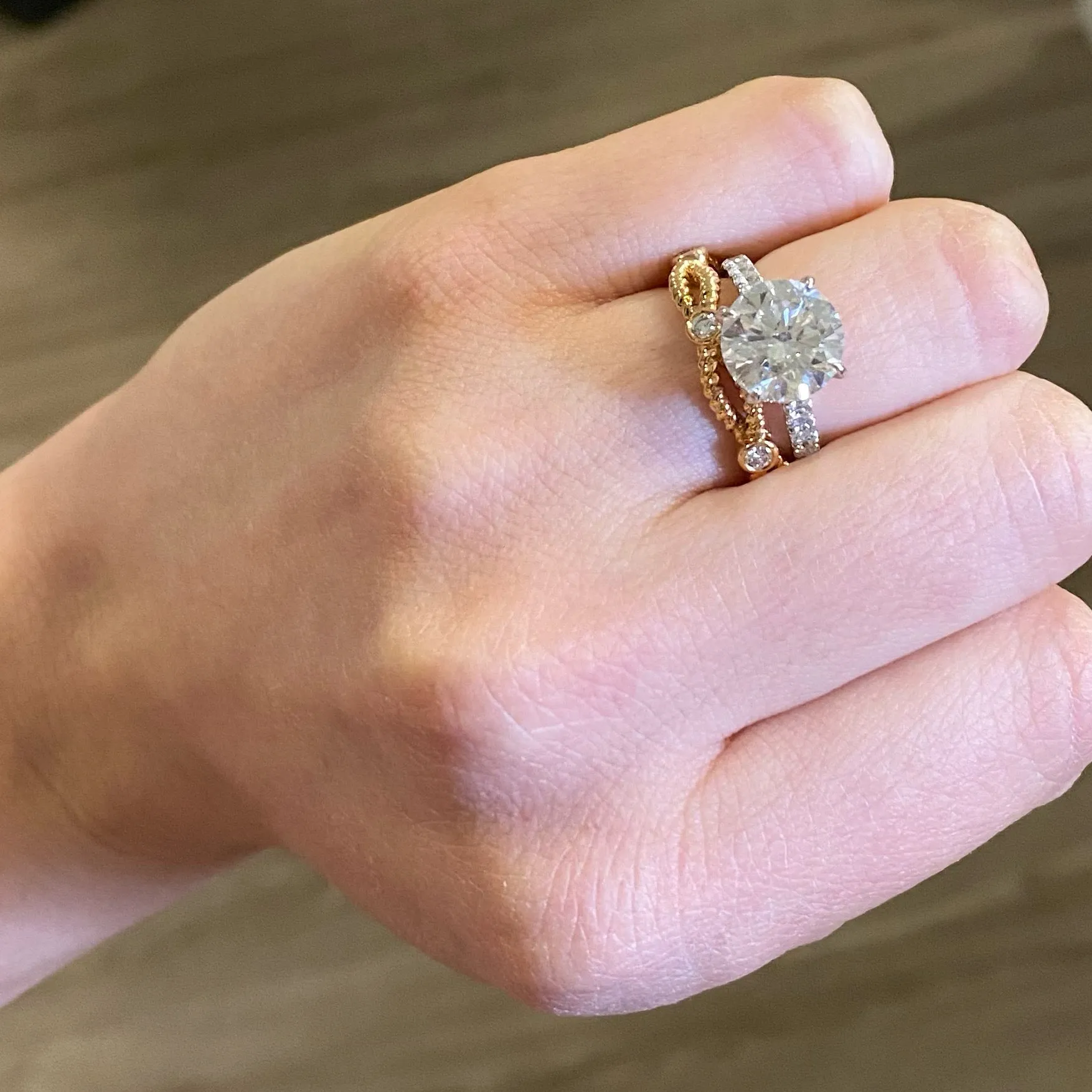 Twisted Gold Stackable Ring with Diamond Bezels