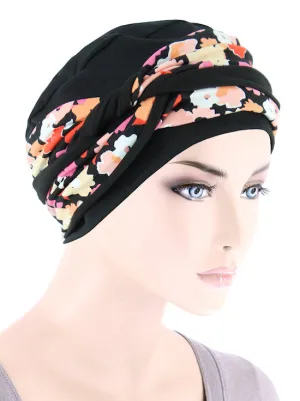 Twisty Turban Buttery Soft Black Pink Mod Floral