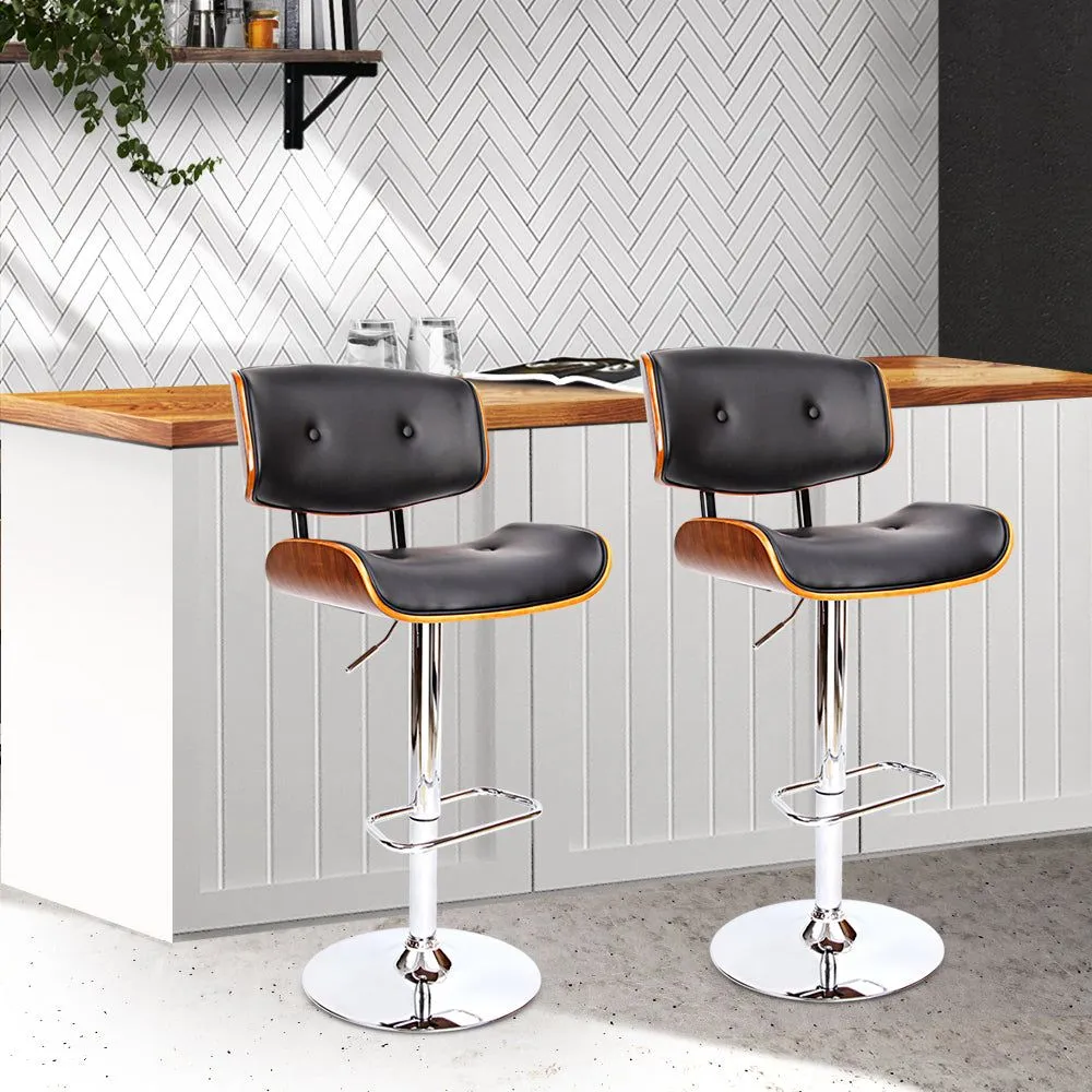 Two Bar Stools Gas Lift Leather Black