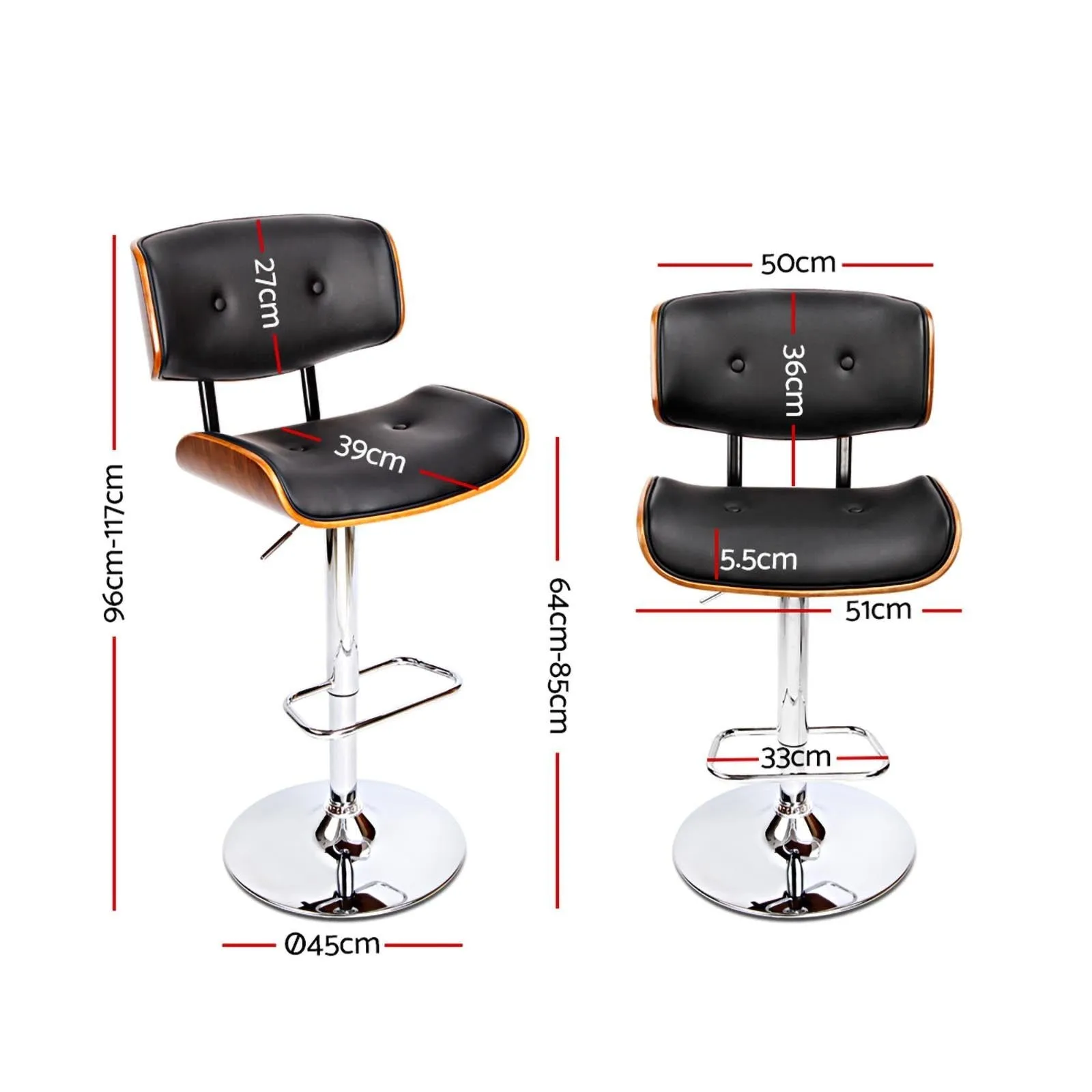 Two Bar Stools Gas Lift Leather Black