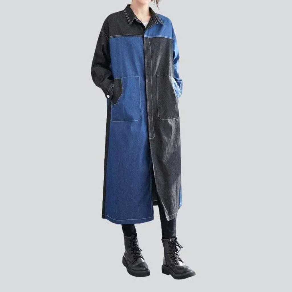 Two-color long denim coat