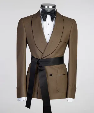 Two-Piece Belted Brown Silk-Wool Suit