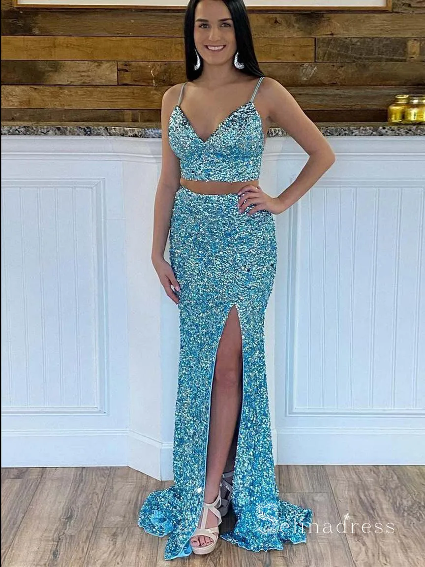 Two Pieces Mermaid Spaghetti Straps Sparkly Long Prom Dresses Sequins Evening Dress MHL2882