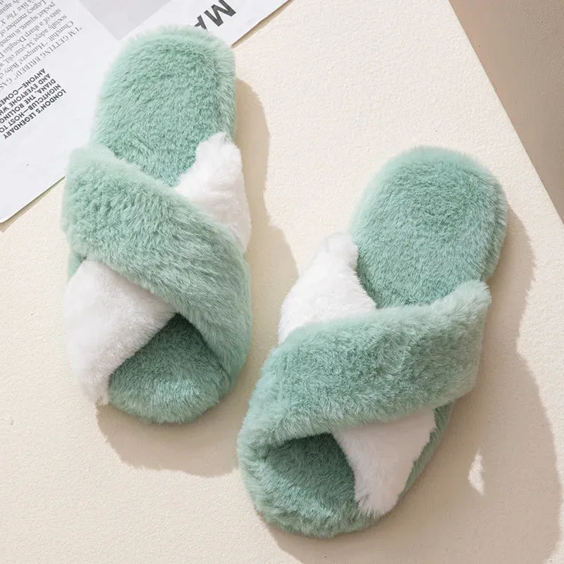 Two Tone Cross Strap Fur Slippers for Women