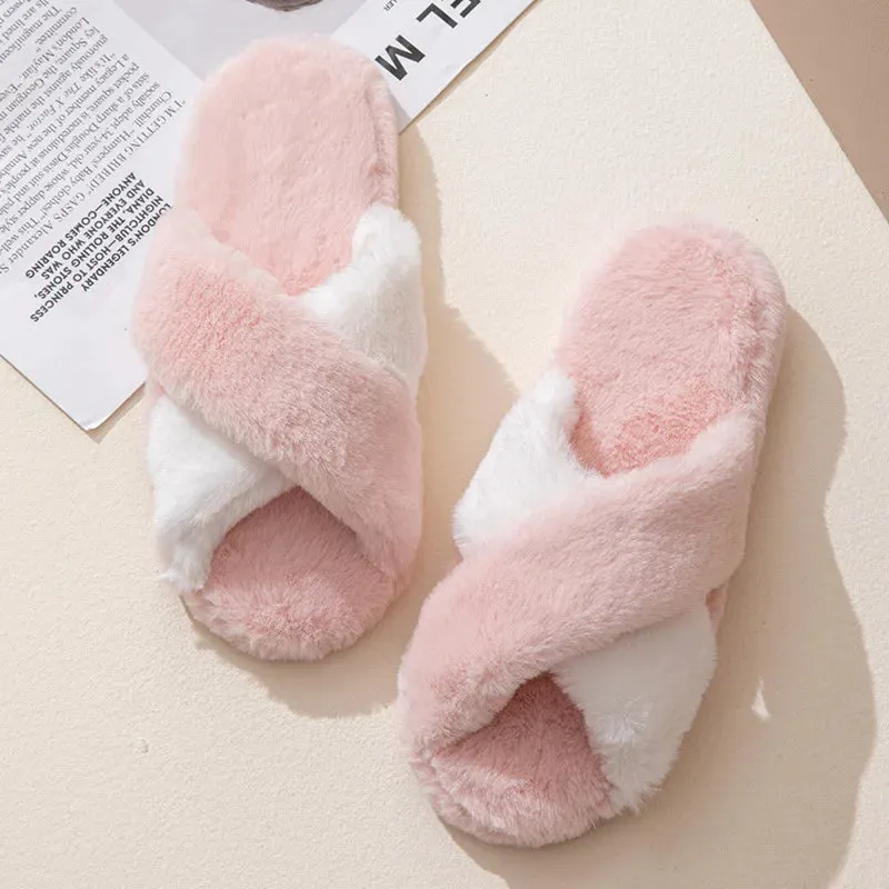 Two Tone Cross Strap Fur Slippers for Women