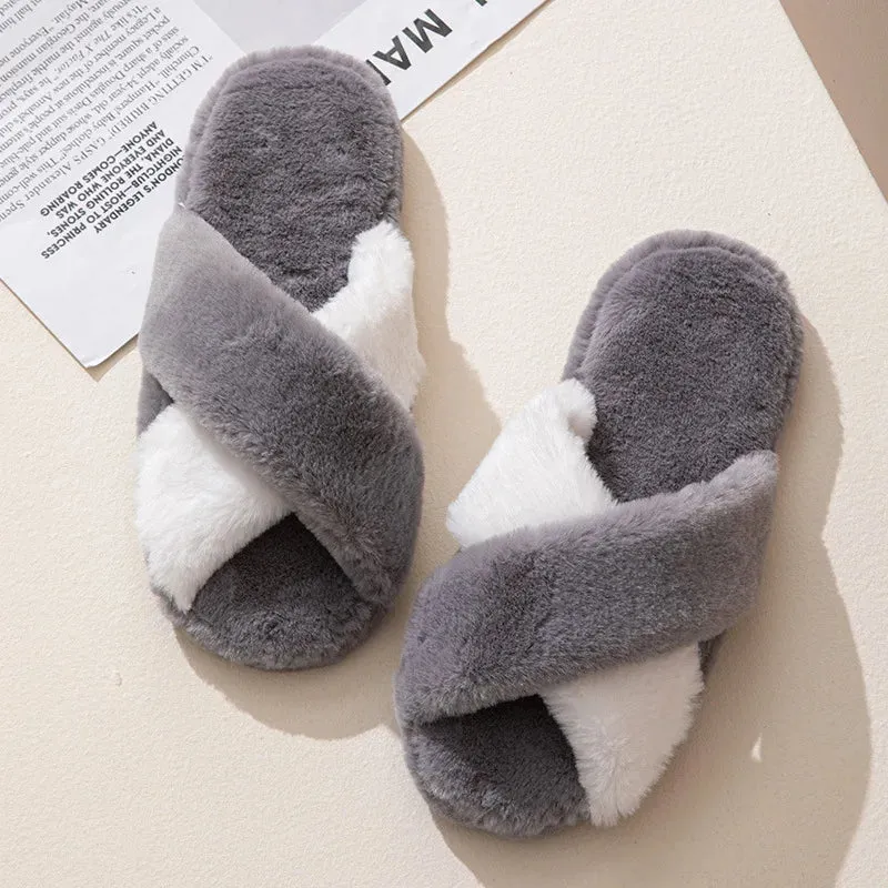 Two Tone Cross Strap Fur Slippers for Women