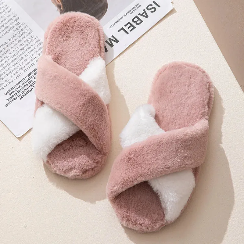 Two Tone Cross Strap Fur Slippers for Women