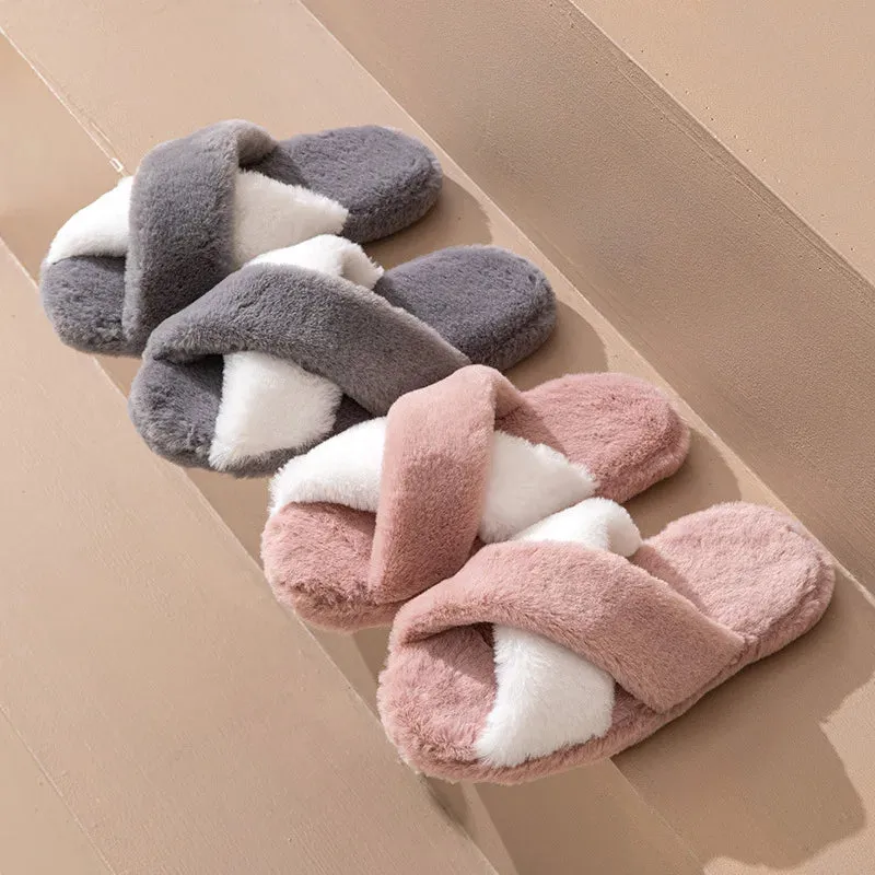 Two Tone Cross Strap Fur Slippers for Women