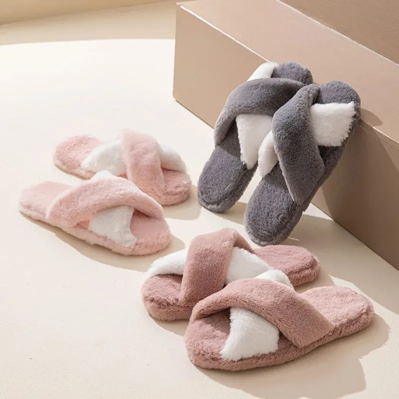 Two Tone Cross Strap Fur Slippers for Women