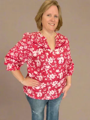 Two Tone Floral Print Top in Curvy