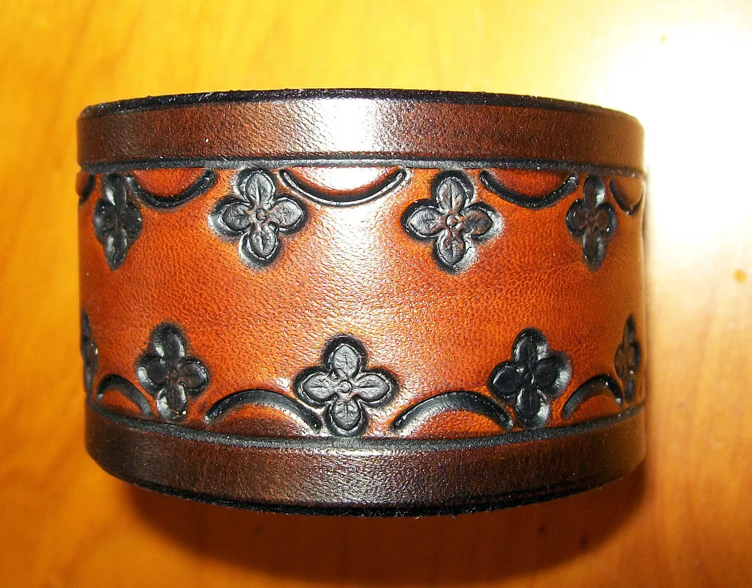 Two Tone Flower Tooled Leather Cuff Bracelet