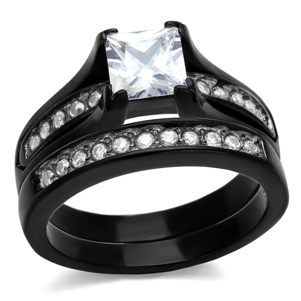 Two-Tone IP Black Stainless Steel Ring with AAA Grade CZ in Clear for Women Style TK0W383J