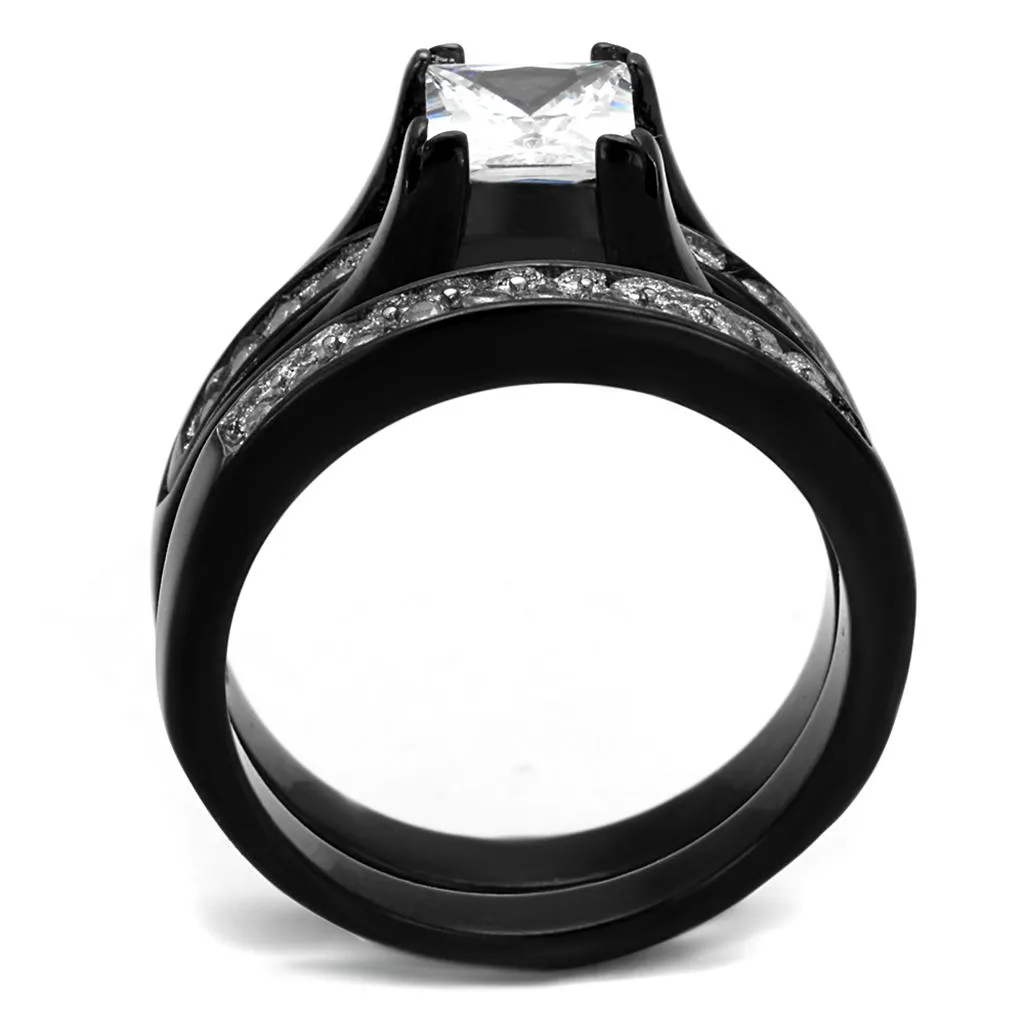 Two-Tone IP Black Stainless Steel Ring with AAA Grade CZ in Clear for Women Style TK0W383J