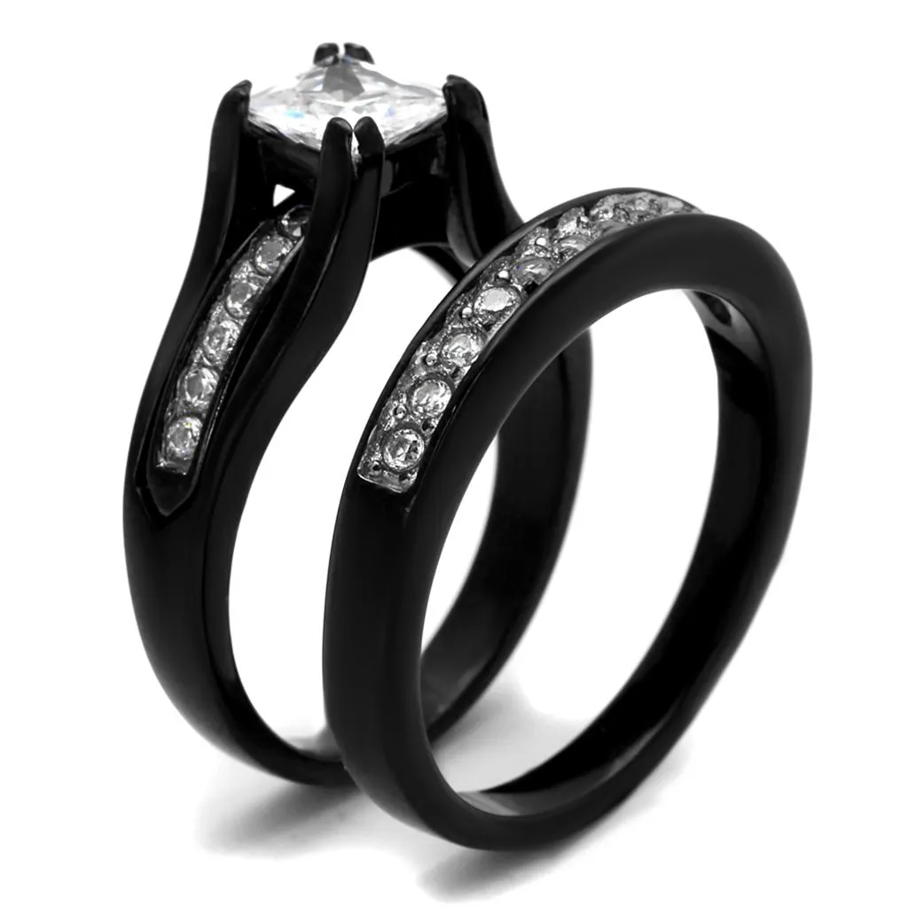 Two-Tone IP Black Stainless Steel Ring with AAA Grade CZ in Clear for Women Style TK0W383J