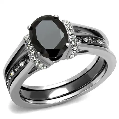 Two-Tone IP Black Stainless Steel Ring with Synthetic Synthetic Glass in Jet for Women Style TK2971