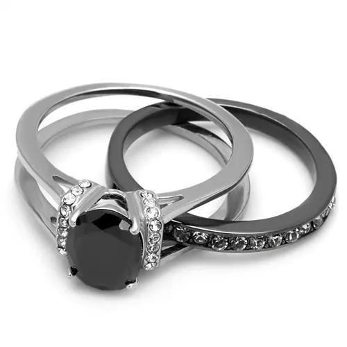 Two-Tone IP Black Stainless Steel Ring with Synthetic Synthetic Glass in Jet for Women Style TK2971