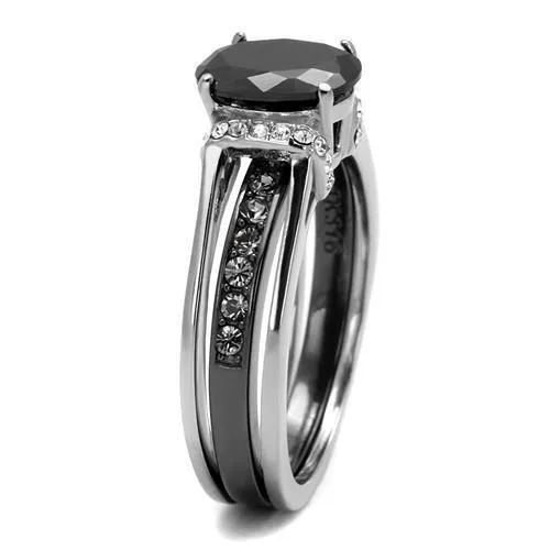 Two-Tone IP Black Stainless Steel Ring with Synthetic Synthetic Glass in Jet for Women Style TK2971