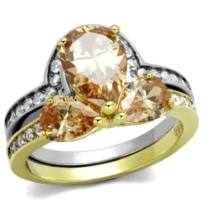 Two-Tone IP Gold (Ion Plating) Stainless Steel Ring with AAA Grade CZ in Champagne for Women Style TK2132