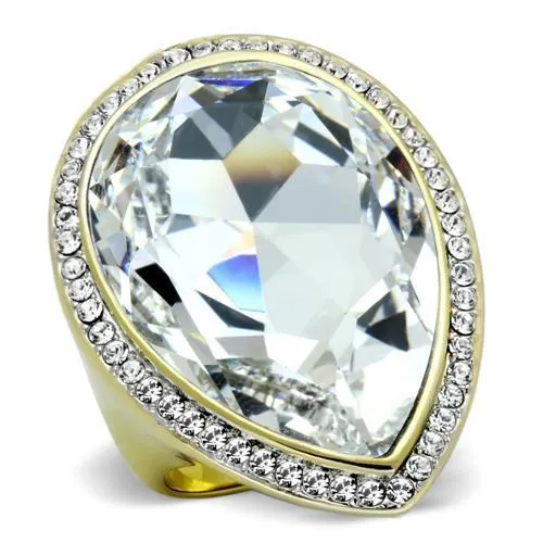 Two-Tone IP Gold (Ion Plating) Stainless Steel Ring with Top Grade Crystal in Clear for Women Style TK1905