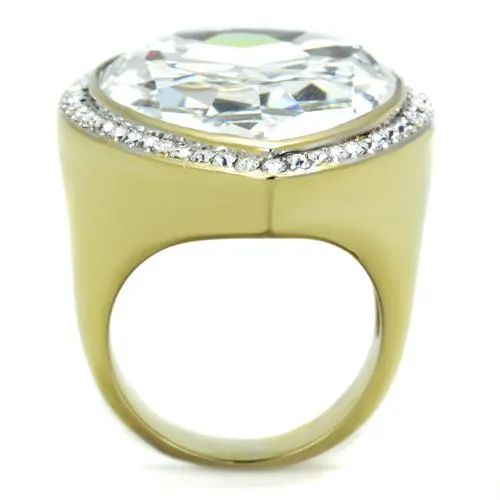 Two-Tone IP Gold (Ion Plating) Stainless Steel Ring with Top Grade Crystal in Clear for Women Style TK1905