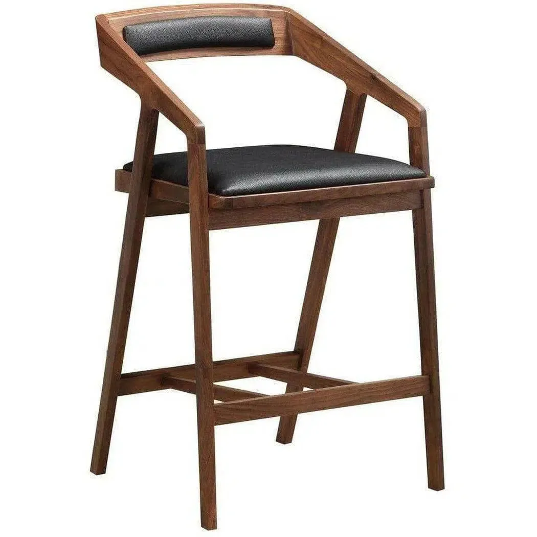 Two Tone Wood and Leather Black Brown Mid-Century Modern Counter Stool