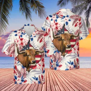 Tx-Longhorn Face Hibiscus Flower All Over Printed 3D Hawaiian Shirt