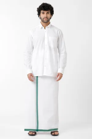 Uathayam Dhanush Fancy Cotton Solid Shirt and Dark Green Small Border Dhoti For Men