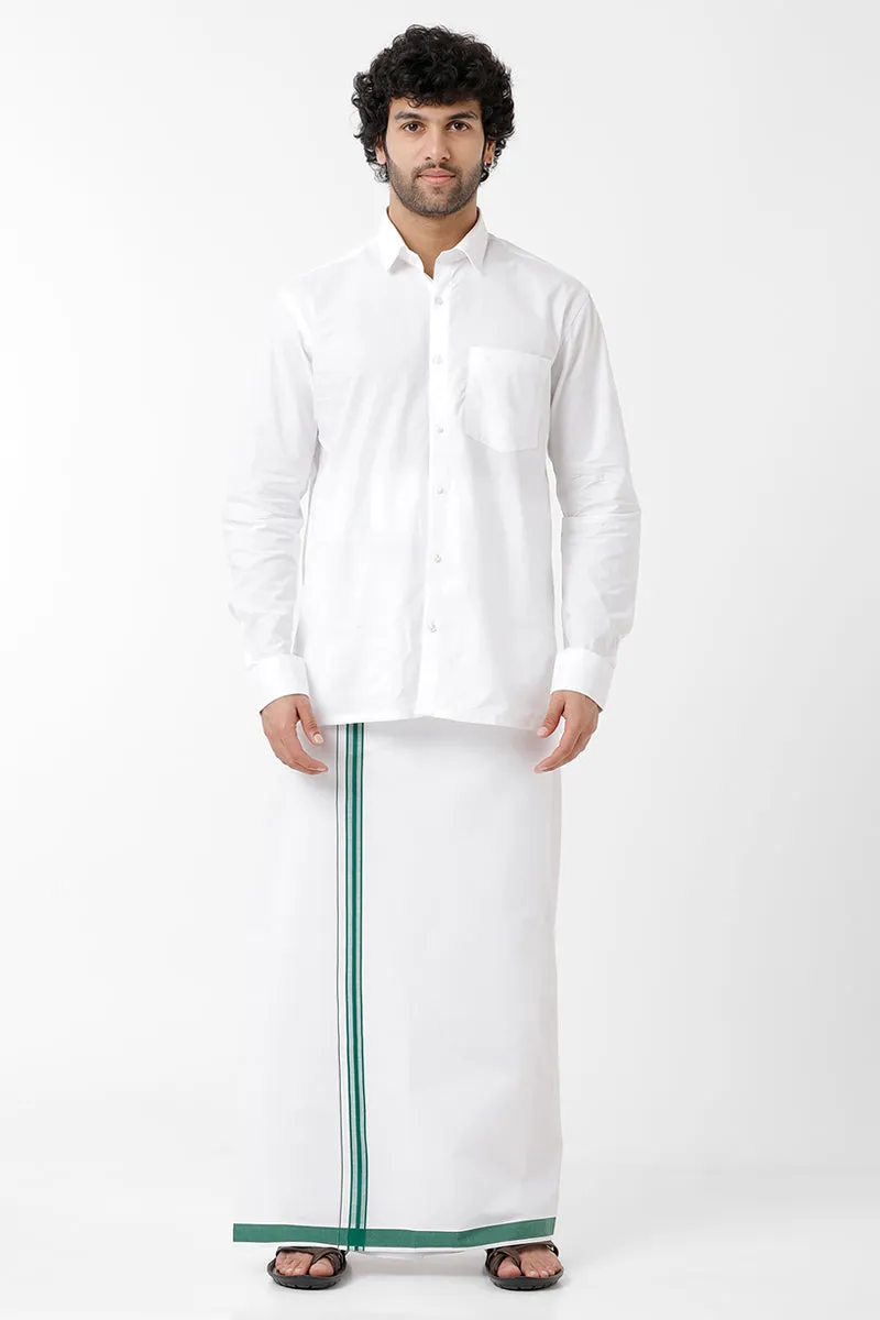 Uathayam Dhanush Fancy Cotton Solid Shirt and Dark Green Small Border Dhoti For Men