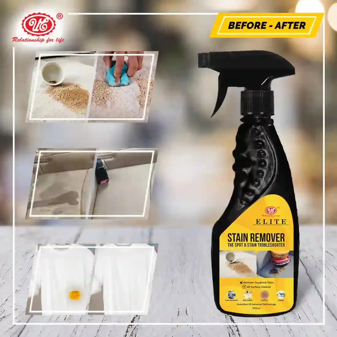 UE Elite Stain Remover- 500 ml | Fabric stain remover | Carpet cleaner | Heavy oil stain remover | Sofa cleaner | Car seat cleaner | All in One Multi Surface Cleaner