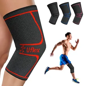 UFlex Athletics Knee Compression Sleeve Support for Women and Men - Knee Brace for Pain Relief, Fitness, Weightlifting, Hiking, Sports - Red, Large (Pack of 1)﻿