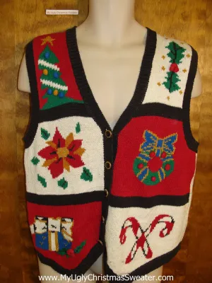 Ugliest 80s Christmas Sweater Vest with Candy Cane and Poinsettia