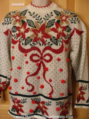 Ugly Christmas Sweater 80s Poinsettias Bow and PomPoms