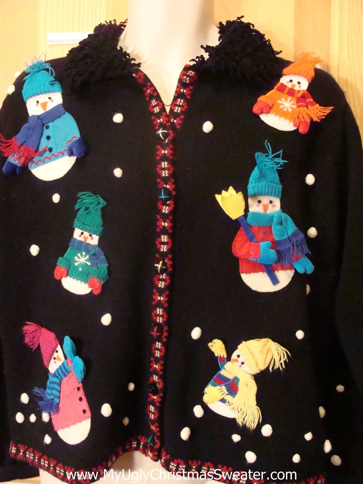 Ugly Christmas Sweater Cardigan with Furry Collar and Snowmen