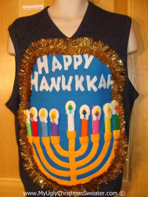 Ugly Christmas Sweater Party Hanukkah Sweater Vest Mens with Menorah (j234)