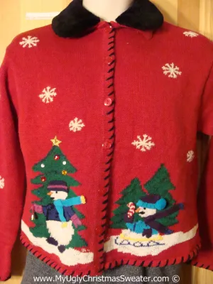 Ugly Christmas Sweater Party Sweater with Festive Snowmen Furry Collar (f1249)