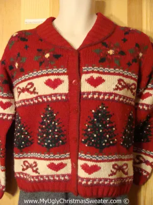 Ugly Christmas Sweater Party  Tacky Festive Cardigan Sweater with Trees, Hearts, Bows, and Poinsettias (v29)