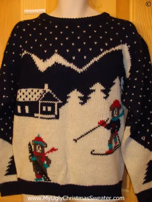 Ugly Christmas Sweater Party Vintage Skiing Bears Sweater 80s (v34)